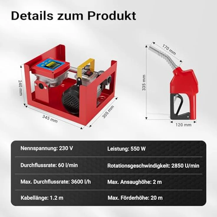 WilTec - Dieselpumpe Heizölpumpe selbstansaugend 230V 550W 60l-min Digitalzählwerk Zapfpistole Schläuche – Bild 4