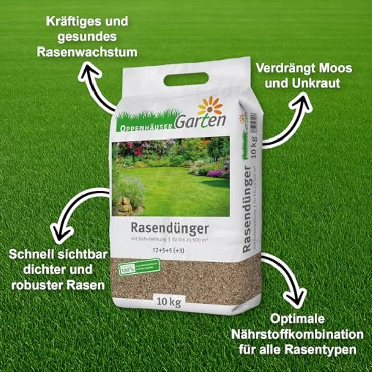 OPPENHÄUSER Rasendünger Frühjahr 10kg, NPK 12-5-5 für bis zu 500m², Sofortwirkung für sattgrünen Rasen, verdrängt Moos – Bild 4