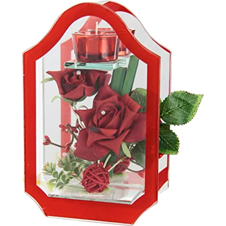 I.GE.A. Kunstblume Rose im Glas mit Teelicht, Höhe 14 cm, dekorative Kunstpflanze aus Polyester – Bild 1