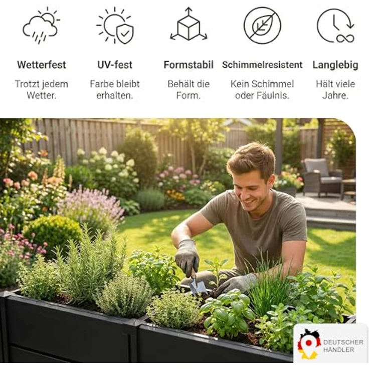 NYVI Hochbeet NYVIGreen M, 82x44x61cm, 196 Liter Kunststoff Kräuterbeet, wetterfest, UV-resistent, rostfrei, langlebig, einfache Steckmontage, erweiterbar – Bild 3
