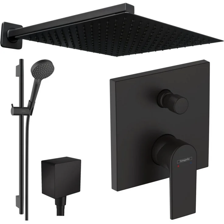 Hansgrohe Vernis Shape Duscharmatur mit Kopfbrause, UP-Duschsystem, mattschwarz, quadratische Metall-Kopfbrause 300/360mm