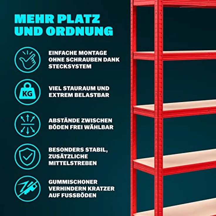 2x Monzana Schwerlastregal 180x90x40cm 875kg rot 5 MDF-Platten Lagerregal Kellerregal Steckregal Werkstattregal - Preisvergleich – Bild 4