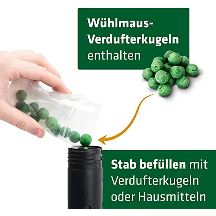 GARDIGO® Wühlmaus & Maulwurf Vertreiber mit Duft | Einzigartiges Konzept der Maulwurfabwehr | 15 Duftkugeln inklusive | Maulwurfschreck Wühlmausschreck | Mit Erdlochbohrhilfe | Tiervertreiber – Bild 3