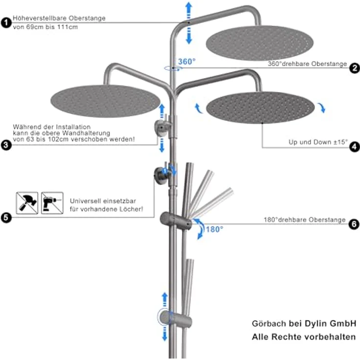 Görbach Thermostat Duschsystem Komplettset mit 25 cm Edelstahl Duscharmatur, intelligente Temperaturkontrolle und höhenverstellbare Duschsäule – Bild 5