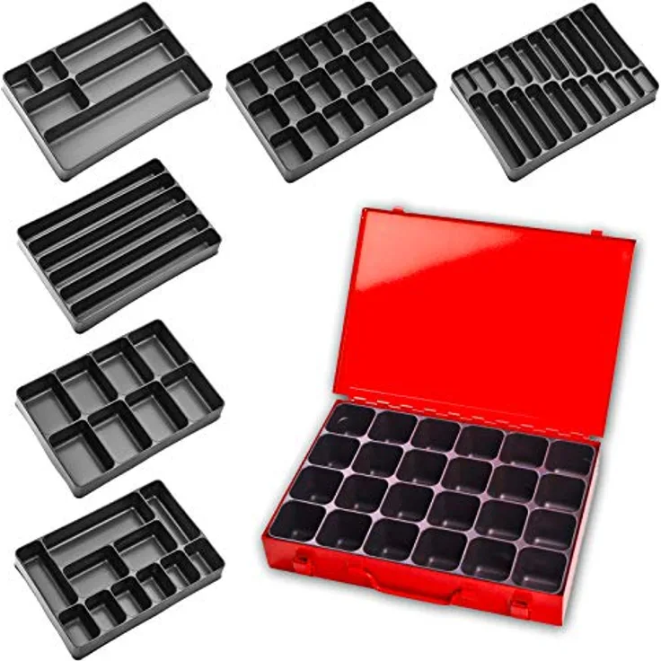 ADB Sortimentskasten 88620, Kleinteilemagazin rot mit ABS Einteiler, 6-24 fach, Einlage 12-fach, Maße 330x230x50 mm