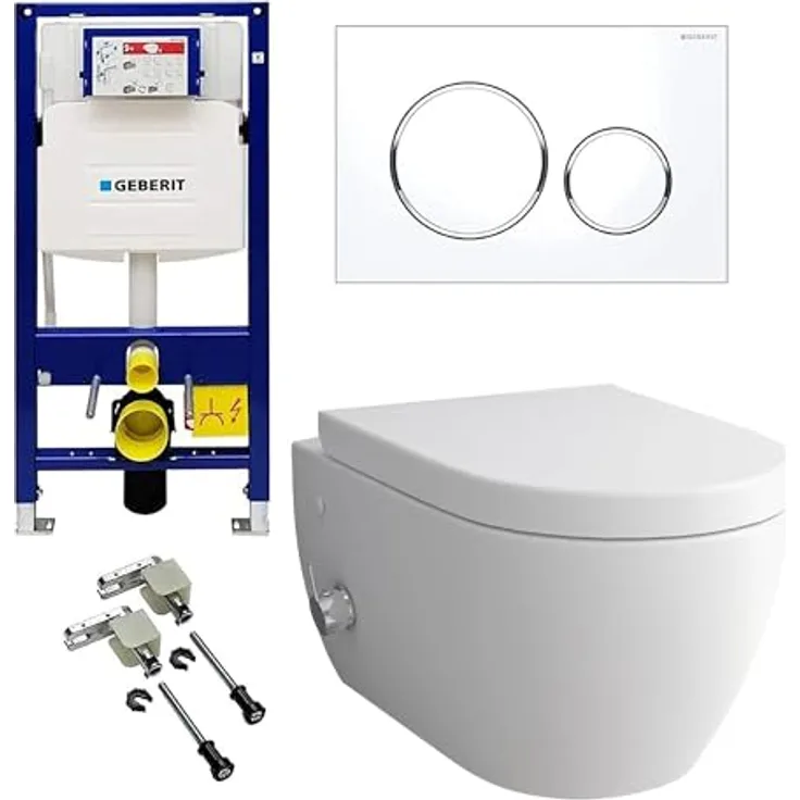 Alpenberger Germany Wand WC Spülrandlos | Taharet WC mit Armatur | WC Sitz mit Absenkautomatik | Spülkasten Bausatz Betätigungsplatte | Vorwandelement WC Set Komplett | Geberit (7150U), Weiß