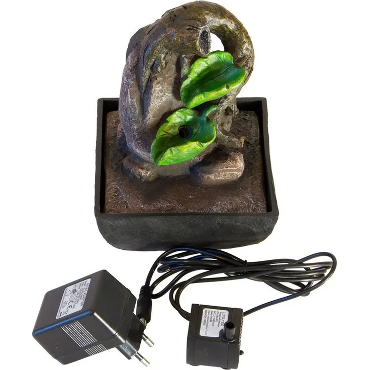 NATIV Haushalt Zimmerbrunnen Blätter, 13,30 cm Breite, Wasserspiel mit Beleuchtung und Pumpe, Komplettset, Braun- und Grün-Töne