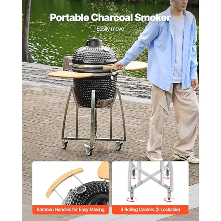 VEVOR Kamado Grill Ø 450 mm, Keramikgrill mit Holzgriffen, Seitenablagen, Metallstand mit Rollen & Thermometer bis 400°C, für BBQ, Grillen, Kochen & Backen Outdoor – Bild 2