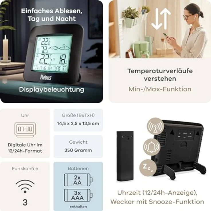 Mebus Funk-Wetterstation, digitales Innen- und Außenthermometer mit Hygrometer, Wettervorhersage und Mondphasenanzeige, schwarz – Bild 5