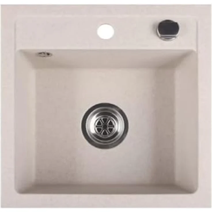 QLS Spülbecken Bella 44 x 44 cm, Granit mit automatischem Siphon, hitzebeständig und pflegeleicht, beige – Bild 1