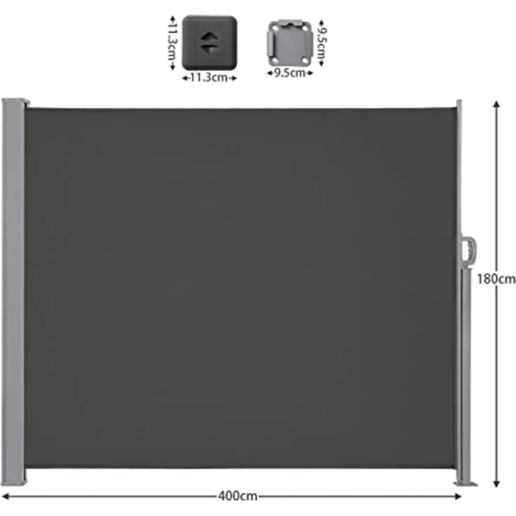 LARMNEE Seitenmarkise Dunkelgrau, ausziehbar 180 x 400 cm, rostbeständig, Wind- und Sonnenschutz, blickdicht, für Balkon, Terrasse und Garten – Bild 5