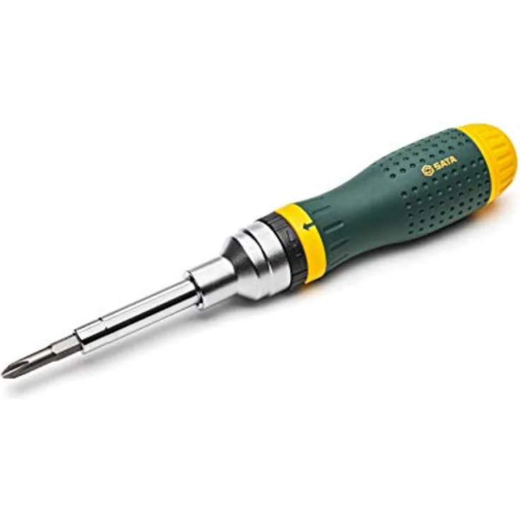 SATA 19-in-1 Mehrzweck-Ratschen-Schraubendreher-Set mit 8 doppelseitigen Bits und einem grünen und gelben ölbeständigen Griff – ST09350, 10-teilig