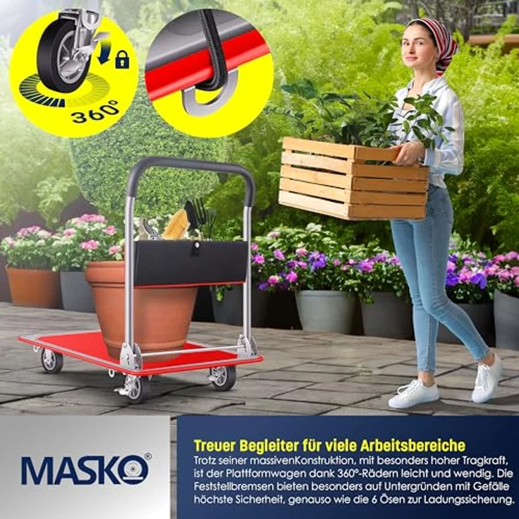 MASKO Klappbarer Plattformwagen, Transportwagen mit robustem Stahlrahmen, 150 Kg Tragkraft inklusive Arbeitshandschuhe – Bild 6