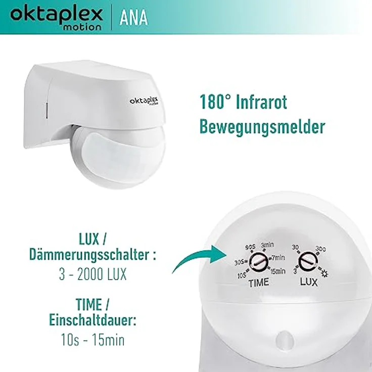 Oktaplex Ana Bewegungsmelder Aussen schwenkbar 230V IP44 180° Bewegungssensor 12m Reichweite weiß Aufputz Infrarot-Sensor – Bild 3