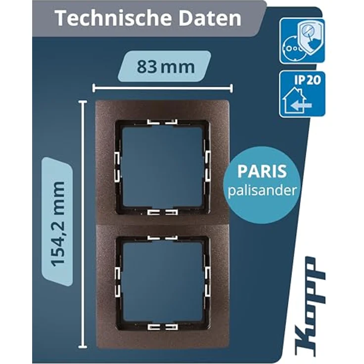 Kopp PARIS 2-fach Abdeckrahmen, Palisander-Braun, 5 Stück, 8,3 x 15,4 cm, flexibel montierbar für Steckdosen & Schalter – Bild 2