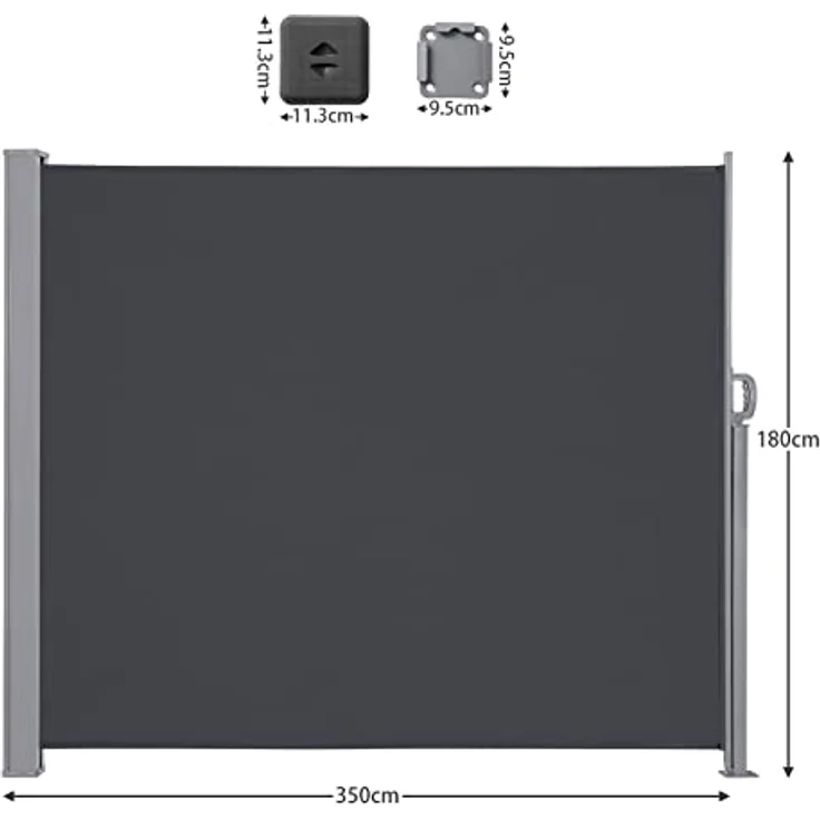 LARMNEE Seitenmarkise EBK1835TBP02, Rostbeständig, Ausziehbar 180 x 350 cm, Blickdicht, Wind- und Sonnenschutz, Anthrazit – Bild 2