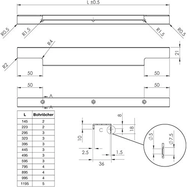 SO-TECH Möbelgriff BLANKETT Slim, 295 mm, Aluminium, chrom matt, rückseitige Verschraubung, 2er Set – Bild 7