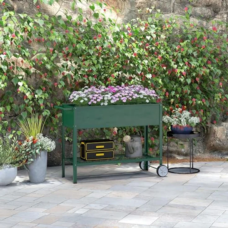 Outsunny Hochbeet mit Rädern, Regal Kräuterbeet Pflanzenbeet Metall für Garten, Balkon Grün 109 x 44 x 80 cm – Bild 2