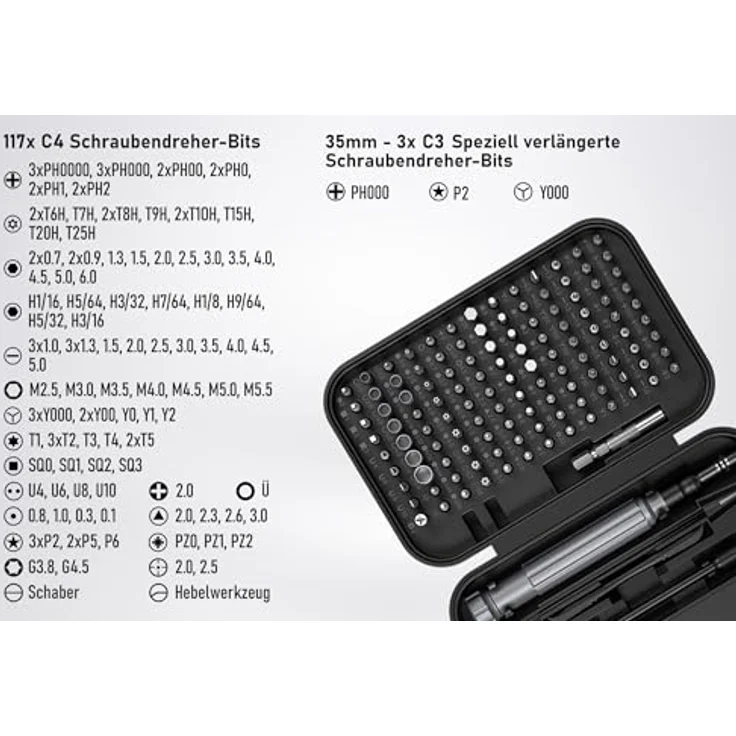Kabelmeister Präzisions-Schraubendreher-Set, 150 Teile, Chrom-Vanadium-Stahl, inkl. 117 C4 und 3 C3 Bits, kompakte Aufbewahrung – Bild 4