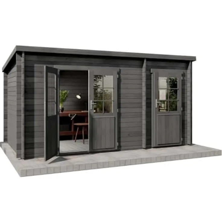 Alpholz Gartenhaus Maria mit Anbau, Pultdach, 450x279 cm, hohe Stabilität, massives Holz, grau imprägniert – Bild 3