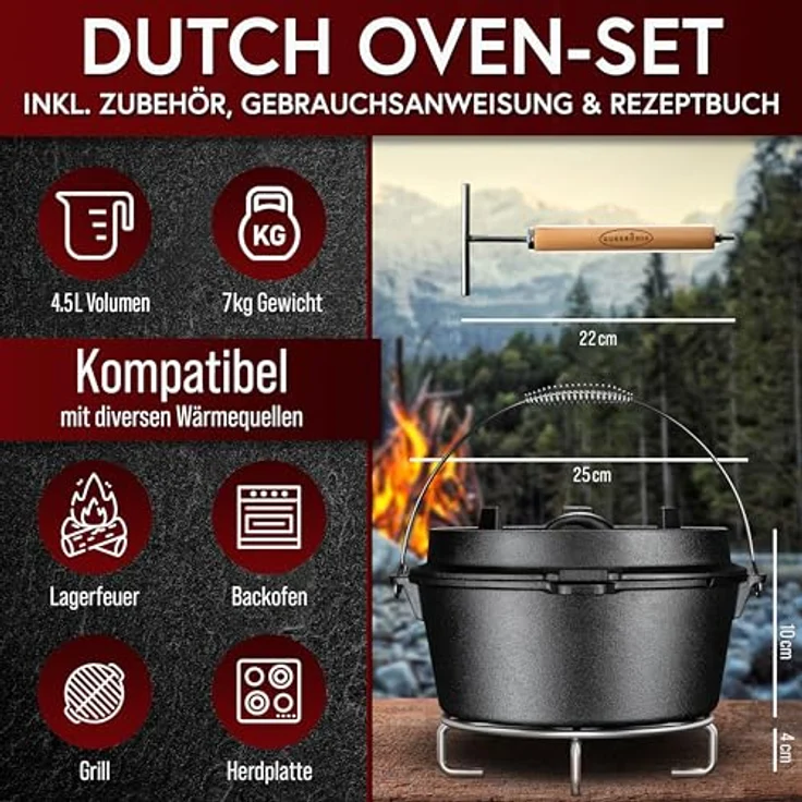 Gusskönig Dutch Oven Set 8-teilig - eingebranntes Gusseisen Topf Set mit Echtleder Griffschutz - inkl. Dutch Oven Rezeptbuch – Bild 3
