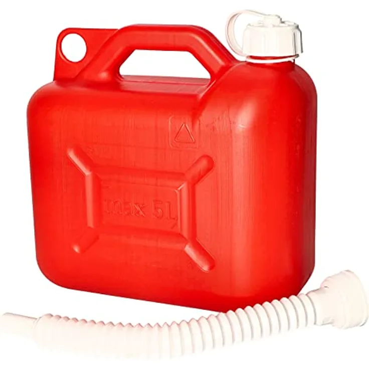 KOTARBAU® Benzinkanister aus Kunststoff, 5L mit Ausgießer, rot/weiß, für alle Kraftstoffarten, strapazierfähig und langlebig