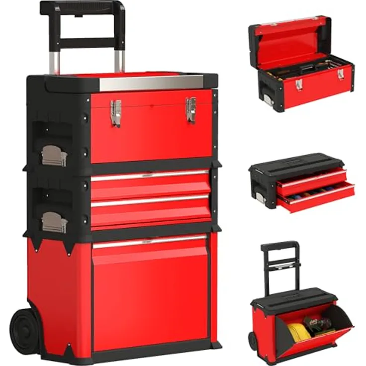HOMCOM Werkzeugwagen, 3-teilig mit Koffer und teleskopischem Griff, modular, max. Traglast 45 kg, Rot