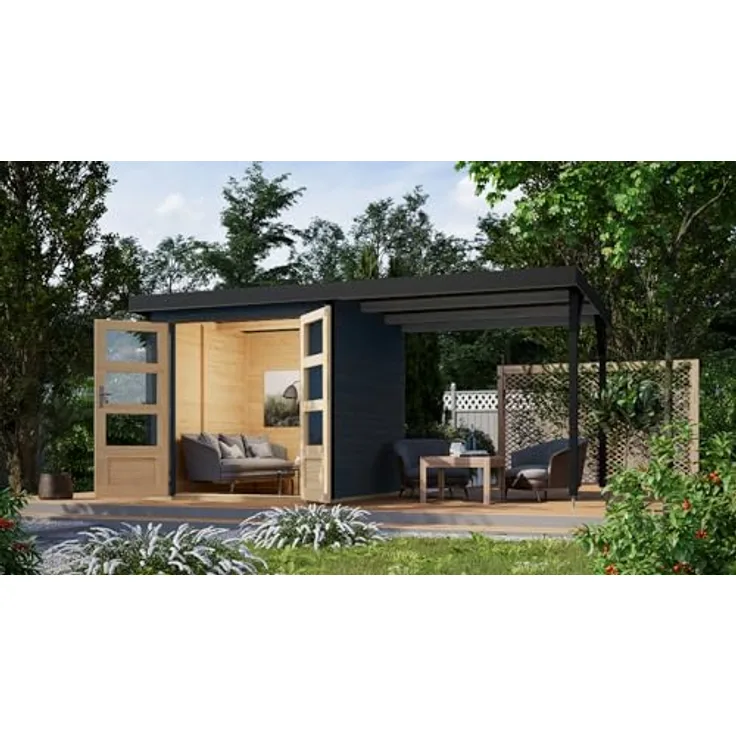 CHILLROI® Hybrid Gartenhaus Hollywood inkl. Fußboden optional mit Anbau Gartenlaube Geräteschuppen Gartenhütte (Anthrazit mit Anbau)