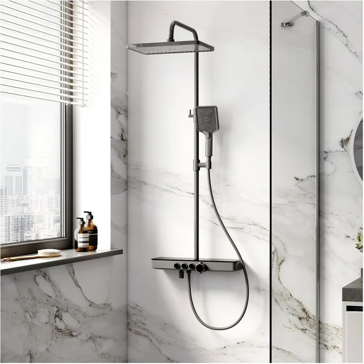 EMKE Duschsystem Höhe 118 cm mit 38℃ Thermostat, Glasablage, Handbrause, Regendusche, 3 Strahlarten, Wasserauslass, Verbrühschutz, Chrom