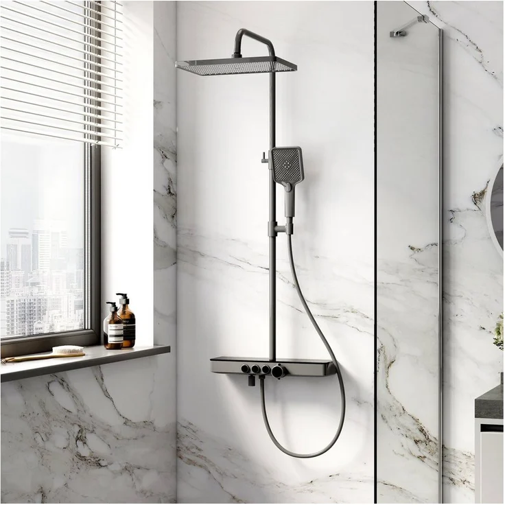 EMKE Duschsystem Höhe 118 cm mit 38℃ Thermostat, Glasablage, Handbrause, Regendusche, 3 Strahlarten, Wasserauslass, Verbrühschutz, Chrom