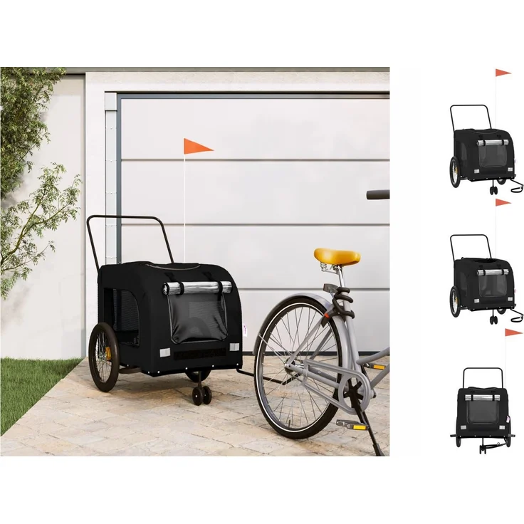 vidaXL Hunde-Transportbox Fahrradanhänger Hunde Schwarz Oxford-Gewebe und Eisen mit Reflektoren und Flagge – Bild 1