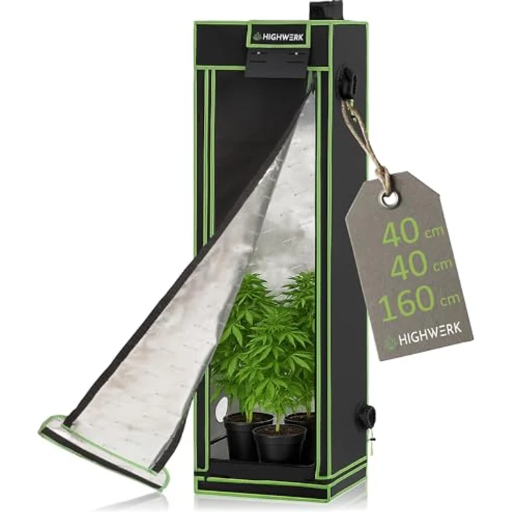 HIGHWERK Growzelt 40 x 40 x 160 cm, Indoor Pflanzenzelt, lichtdicht, schwarz-grün, mit hochreflektierender Innenbeschichtung – Bild 1