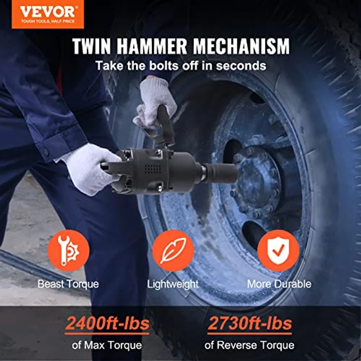 VEVOR Druckluft-Schlagschrauber 2,54 cm (1"), max. Lösemoment 3701 Nm, 8,3 bar, 6000 U/min, Doppelhammer für schwere Anwendungen – Bild 2