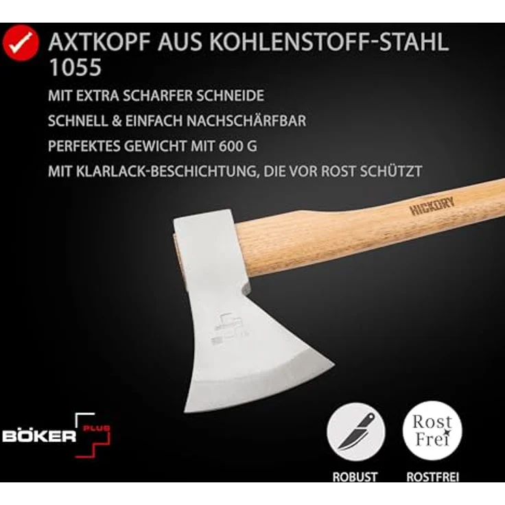 Böker Plus Axt Appalachian Axe Big, 1055 Kohlenstoffstahl, 600 g Kopfgewicht, 48 cm Hickoryholzstiel – Bild 3