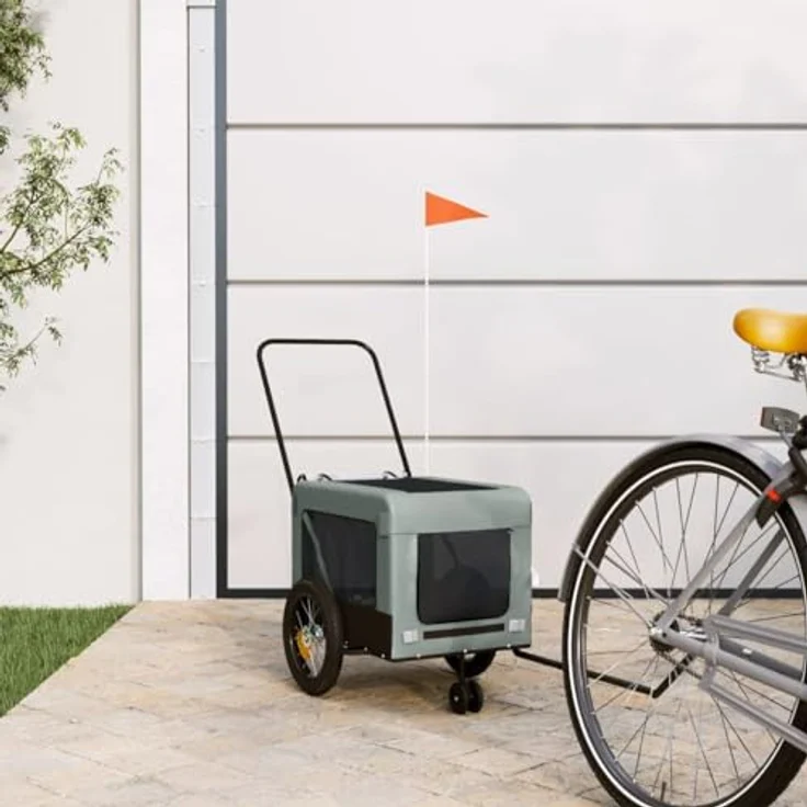 vidaXL Hunde-Transportbox Fahrradanhänger Grau und Schwarz Oxford-Gewebe und Eisen, für kleine Hunde bis 30 kg, mit PVC-Dach und reflektierenden Elementen – Bild 2