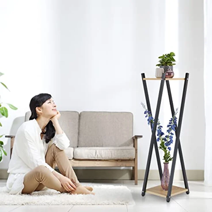 Relaxdays Blumenständer, 2 Etagen in Holzoptik, Metall/MDF, moderner Blumenhocker, HBT: 99x29x29 cm, schwarz/Dunkelbraun – Bild 3