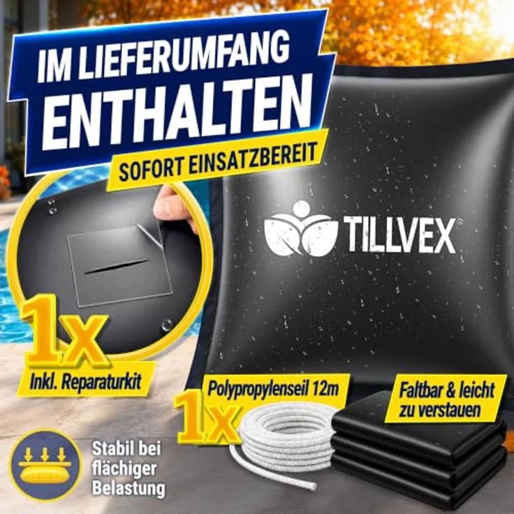 tillvex® Poolkissen Winter 3x XXL 120x120cm, Luftkissen frost- & chlorbeständig bis -20°C mit 12m Seil & Reparaturkit, Überwinterung für Pool – Bild 8