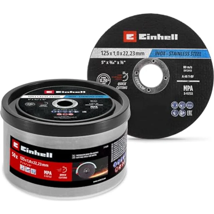 Einhell Trennscheiben Metall, 50-tlg., Ø 125 mm, MPA-zertifiziert, schnelles Trennen für Edelstahl und Stahl, in Dose – Bild 1