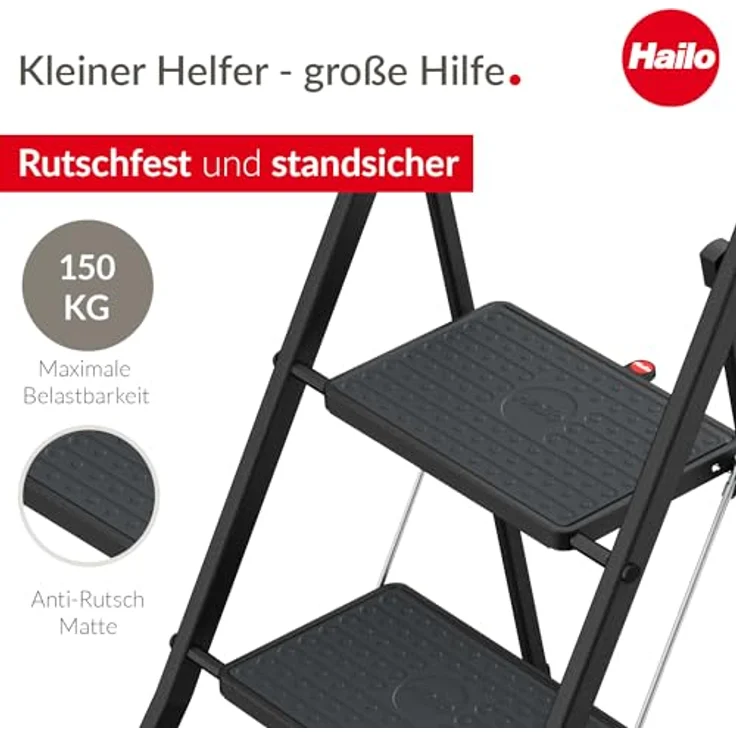 Hailo K77 ComfortLine Klapptritt - 3-stufige Trittleiter aus Stahl mit Sicherheitsbügel und Ablageschale - Arbeitshöhe bis 2,69 m - Gewicht: 6,8 kg - Schwarz – Bild 2