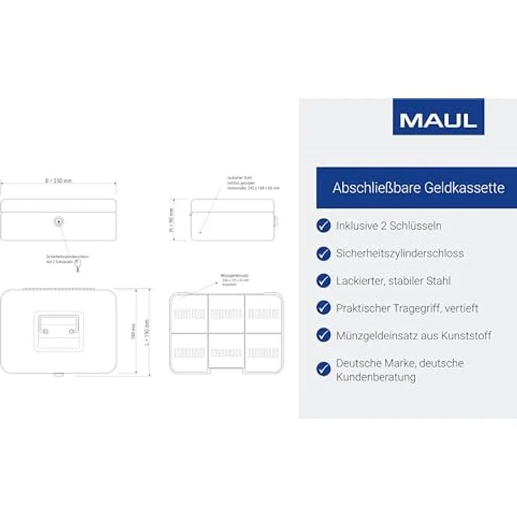 Maul Geldkassette 3, Blau, Herausnehmbarer Hartgeldeinsatz, 250 x 90 x 191 mm, 5611337, 1 Stück – Bild 6