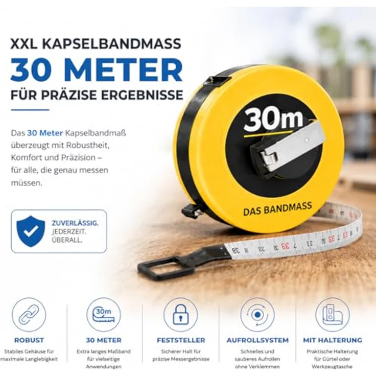 TK Gruppe Timo Klingler XXL Kapselbandmaß 30 Meter, robustes Maßband mit Halterung und präziser Skalierung, ergonomischer Griff und zuverlässiges Aufrollsystem – Bild 5