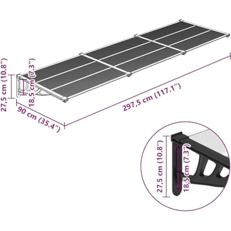 vidaXL Türvordach Schwarz und Transparent 297,5x90 cm Polycarbonat, Wetterfest und Korrosionsbeständig – Bild 4
