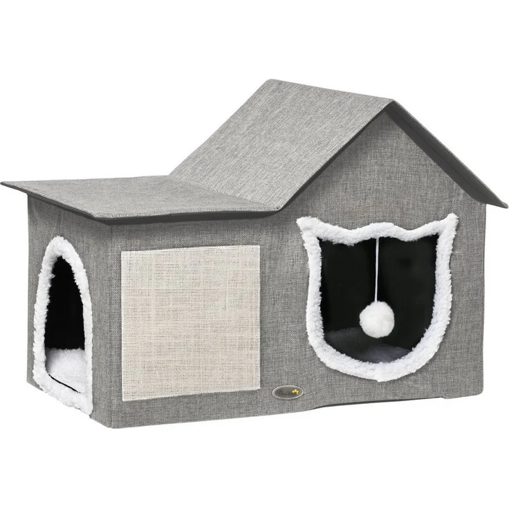 PawHut Katzenhütte mit Doppeltüren, Kuschelhöhle, Kratzmatte, grau-cremeweiß, 65L x 41B x 45.5H cm