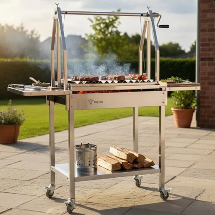 BBQ-Toro Edelstahl Asado Grill, 119 x 45 x 135 cm, Argentinischer Holzkohlegrill mit höhenverstellbarem Rost und Seitenablagen – Bild 2