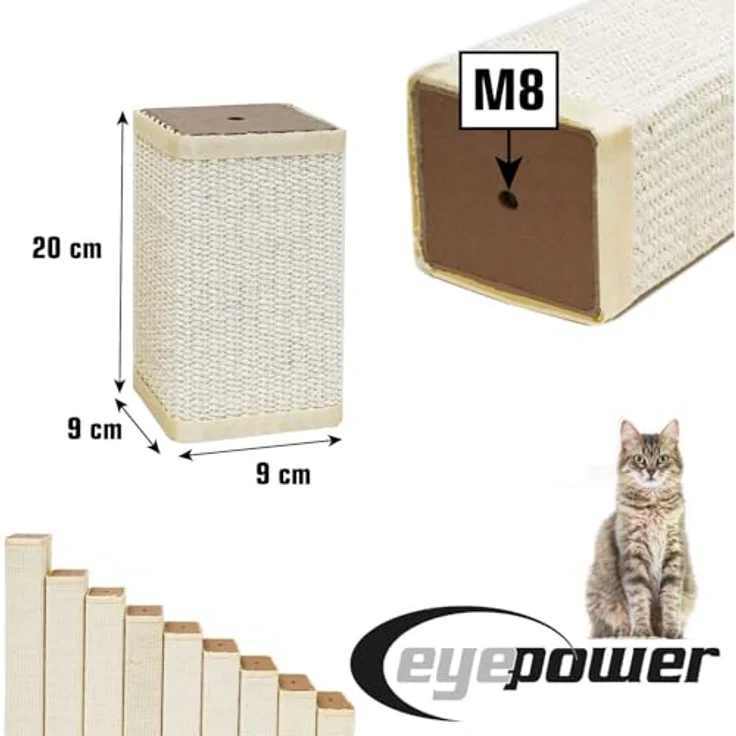 EYEPOWER M8 Sisalstamm für Kratzbaum, 20 cm eckig, 100% Sisal, 9 x 9 cm, stabil & langlebig, einfacher Austausch, ohne Schrauben – Bild 4