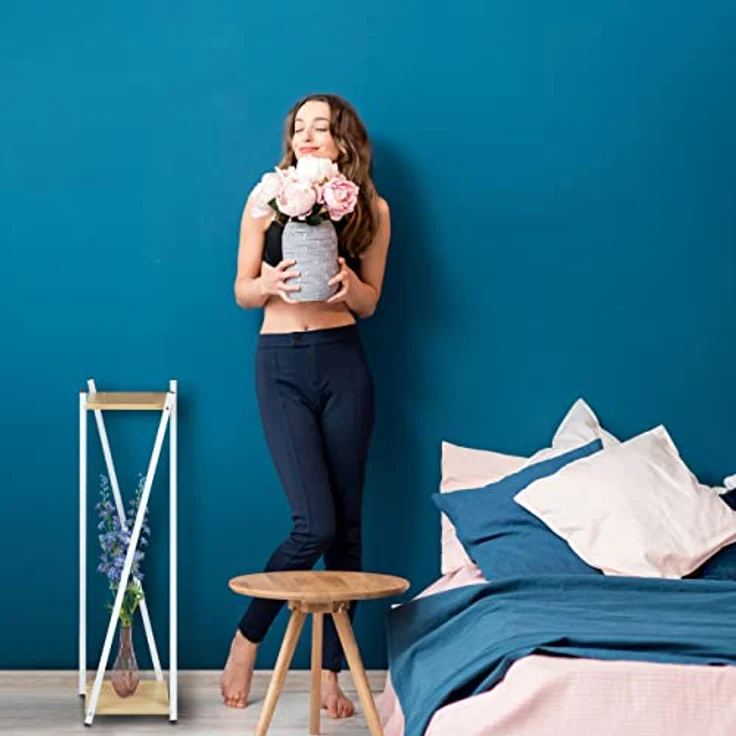 Relaxdays Blumenständer, 2 Etagen in Holzoptik, Metall, MDF, moderner Blumenhocker, HBT: 99 x 29 x 29 cm, weiß/Hellbraun – Bild 3