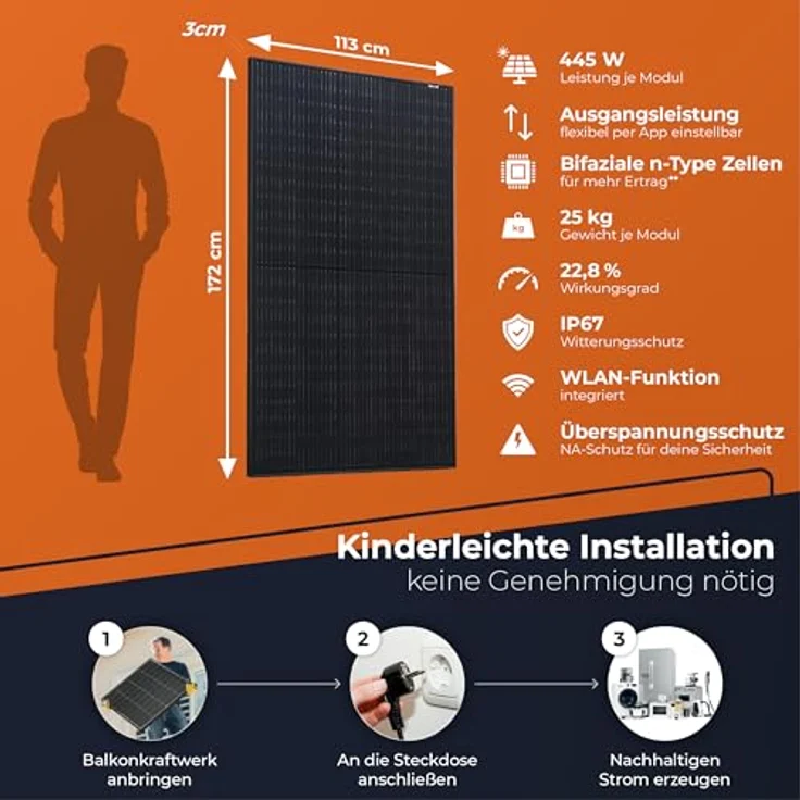 Solarway 880W Balkonkraftwerk 800W - Bifaziale Solarmodule & Envertech - Steckdose - Flachdach Halterung – Bild 8
