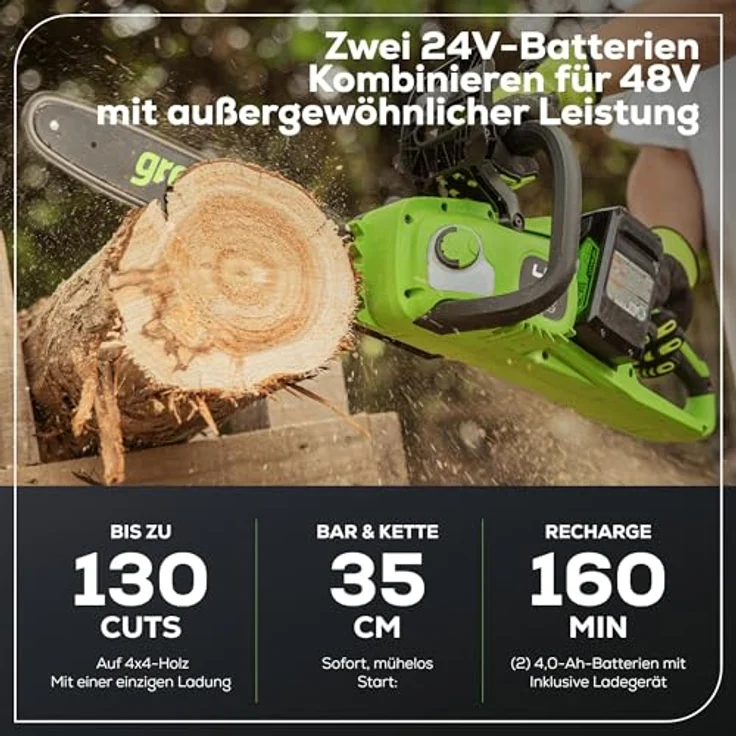 Greenworks Akku-Kettensäge GD24X2CS36 Li-Ion 2x24V 20m s Kettengeschwindigkeit 36cm Schwertlänge 200 – Bild 3