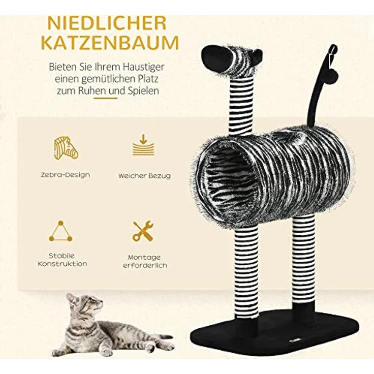 PawHut Kratzbaum, Höhe 93 cm, Katzenbaum im Zebra-Design, Kletterbaum mit Katzentunnel, Katzenkratzbaum mit Jutepfosten, Spielbaum, Katzenmöbel, Schwarz+Weiß – Bild 4