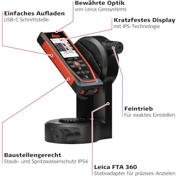 Leica DISTO D5 Set, Laserentfernungsmesser mit digitalem Zielsucher, FTA 360 Adapter und TRI 75 Stativ, inkl. metaBOX – Bild 3